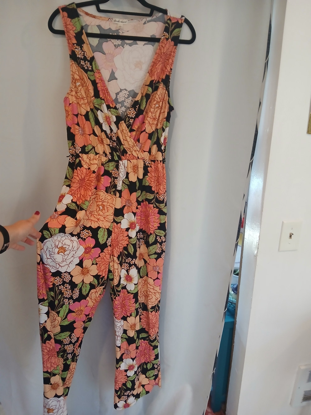 Derek Heart Black Floral Sleeveless Wrap Jumpsuit with Peach and Pink Blooms - Picture 2 of 4